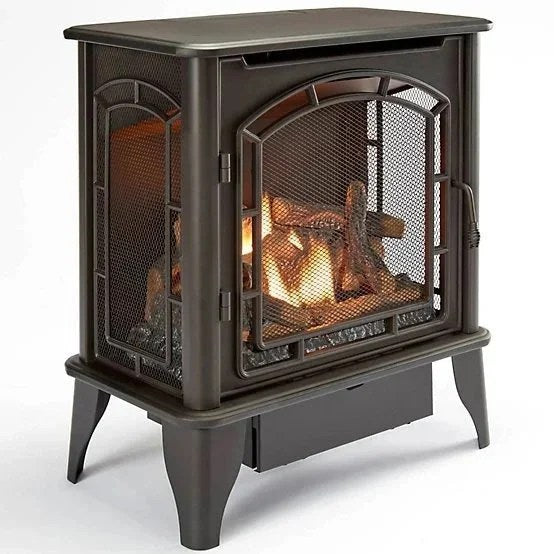 Casavibeo Bluegrass Living Panorama Vent-Free 3-Sided Gas Stove BTSD23RT showing sleek blue exterior and three-sided glass design.