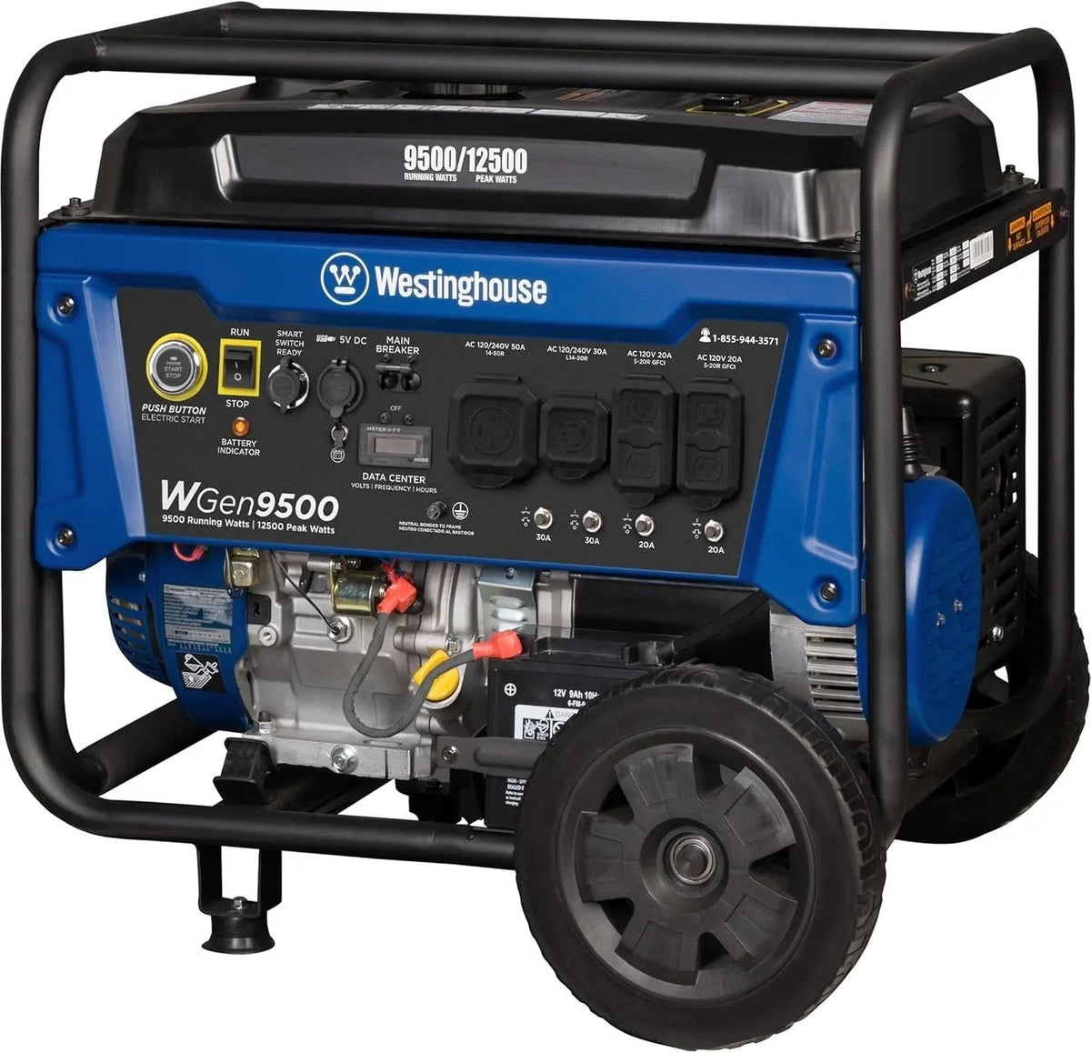 Casavibeo Westinghouse portable gas generator with 9500 peak watt capacity for home backup, shown in a practical outdoor setting.