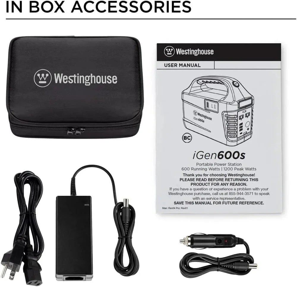 Casavibeo Westinghouse iGen600s portable power station with 600W power output and 592Wh capacity, shown in the image.