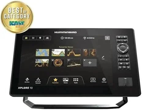 Touchscreen fish finder display with black bezel, brand name Humminbird, showing navigation and sonar options, mounted on a stand.