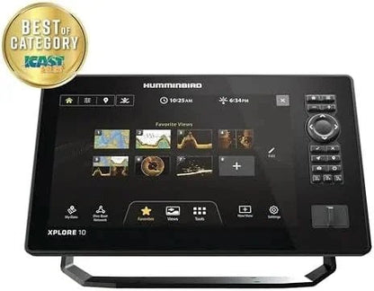 Touchscreen fish finder display with black bezel, brand name Humminbird, showing navigation and sonar options, mounted on a stand.