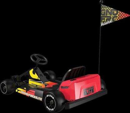 Casavibeo Razor Ground Force Elite electric go-kart with black and yellow design, dashboard, and safety features.