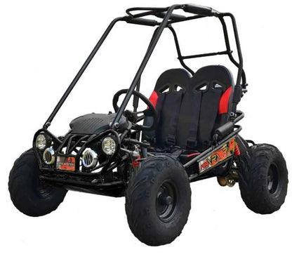Casavibeo TrailMaster MINI XRX+ go-kart showing a compact, sporty design with black and red accents, ready for outdoor riding.