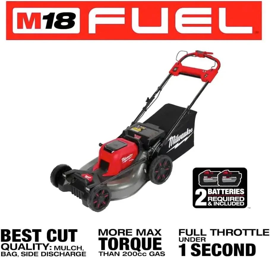Milwaukee M18 Fuel self-propelled dual battery 21-inch walk-behind mower with Casavibeo branding and visible control handles.
