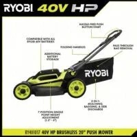 Ryobi 40V HP brushless 20-inch cordless walk-behind push mower with battery, featuring a sturdy design and cutting deck.