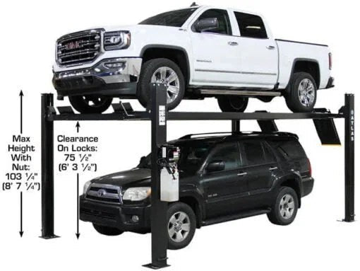 Atlas Apex 9 ALI Certified 9,000 lb 4-post lift by Casavibeo, showing the sturdy automotive lift with four support posts.