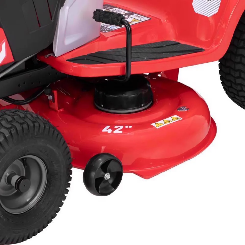 Casavibeo Craftsman 42-inch electric riding mower with 56V battery, shown in a well-lit outdoor yard setting.