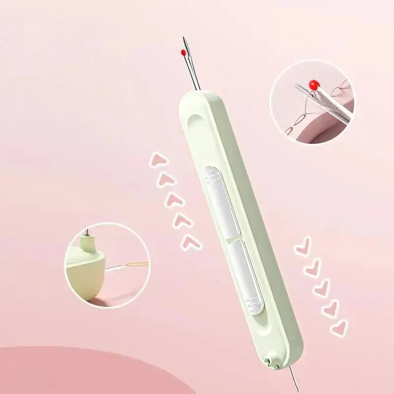 Mivoza 2-in-1 needle threader and seam ripper, compact sewing tool with blue and silver design for easy threading and ripping.
