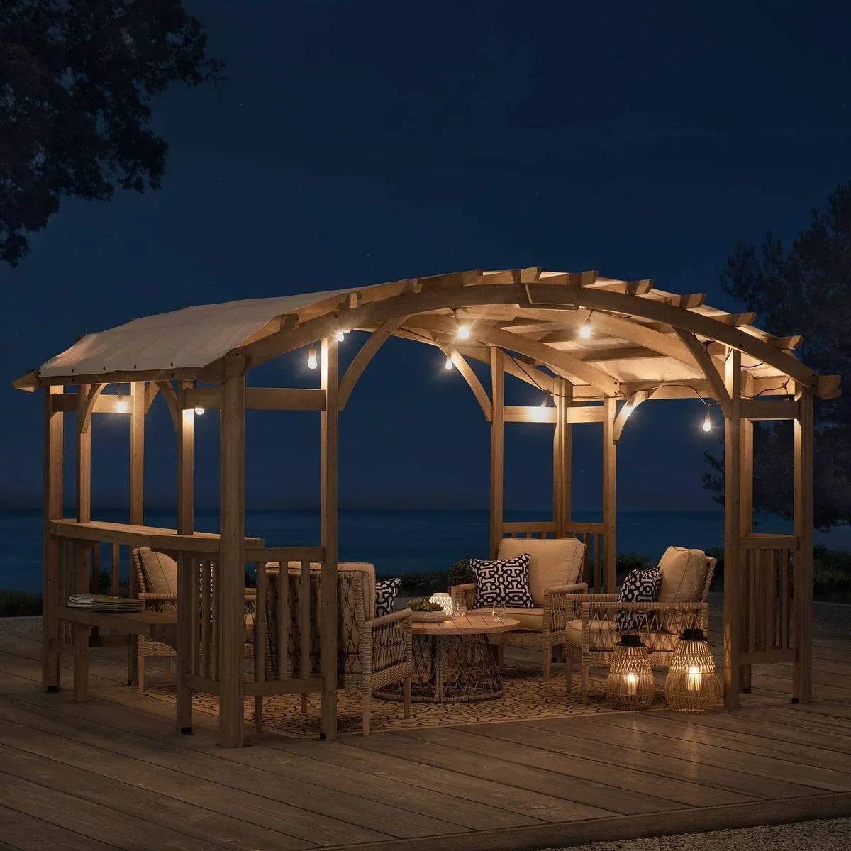 Casavibeo Sunjoy Bellucci 10x14 ft light grey cedar wood outdoor arched pergola in a garden setting.