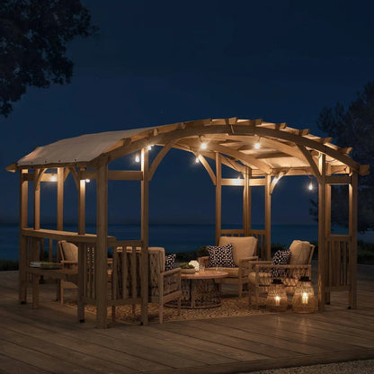 Casavibeo Sunjoy Bellucci 10x14 ft light grey cedar wood outdoor arched pergola in a garden setting.