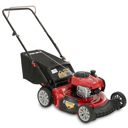Casavibeo Troy-Bilt 21-inch gas push mower with a metal deck and recoil start, ready for lawn care.