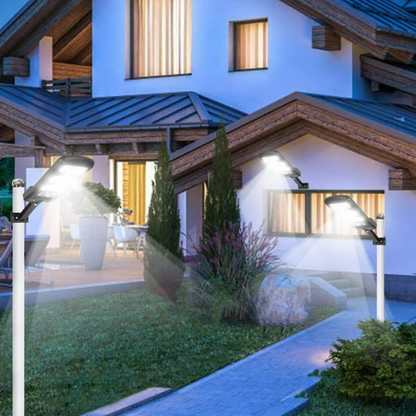 Belro waterproof outdoor solar-powered driveway street light illuminating a garden pathway at dusk.