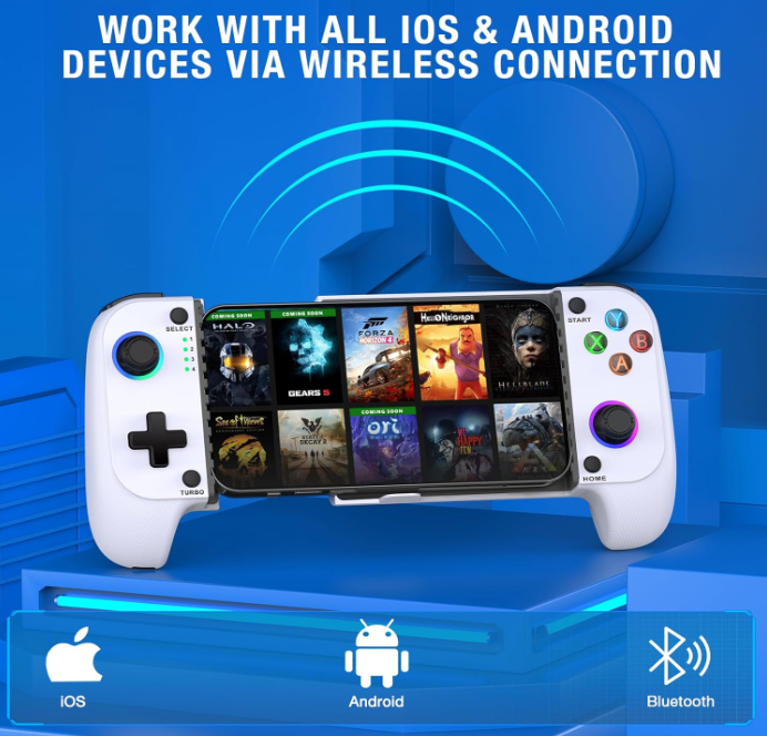 Belro wireless mobile gaming controller for iPhone and Android phones, with ergonomic buttons and thumbsticks for gaming.