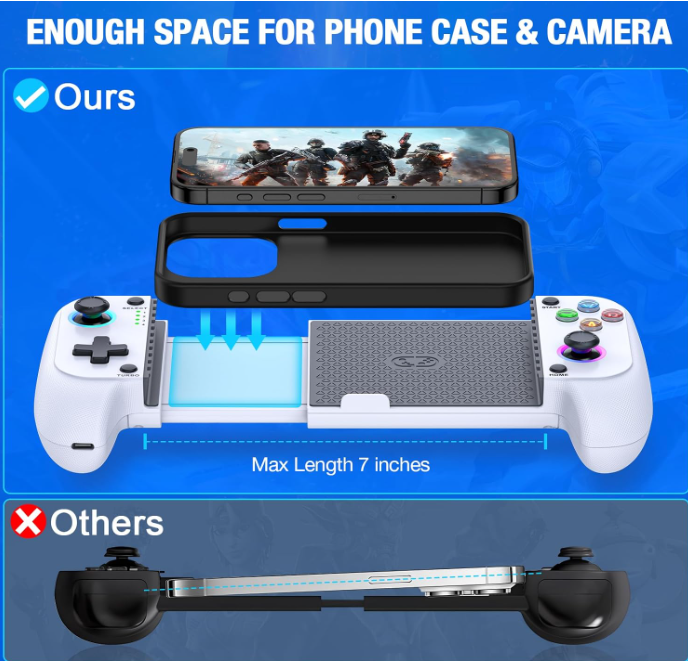 Belro wireless mobile gaming controller for iPhone and Android smartphones, featuring ergonomic design and built-in control buttons.