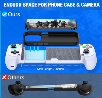 Belro wireless mobile gaming controller for iPhone and Android smartphones, featuring ergonomic design and built-in control buttons.