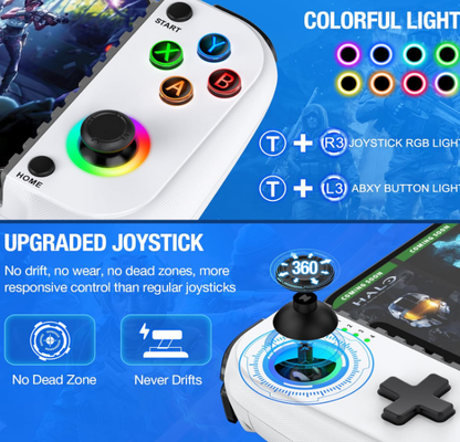 Wireless Belro gaming controller for iPhone and Android phones, with buttons and joysticks for mobile gaming.