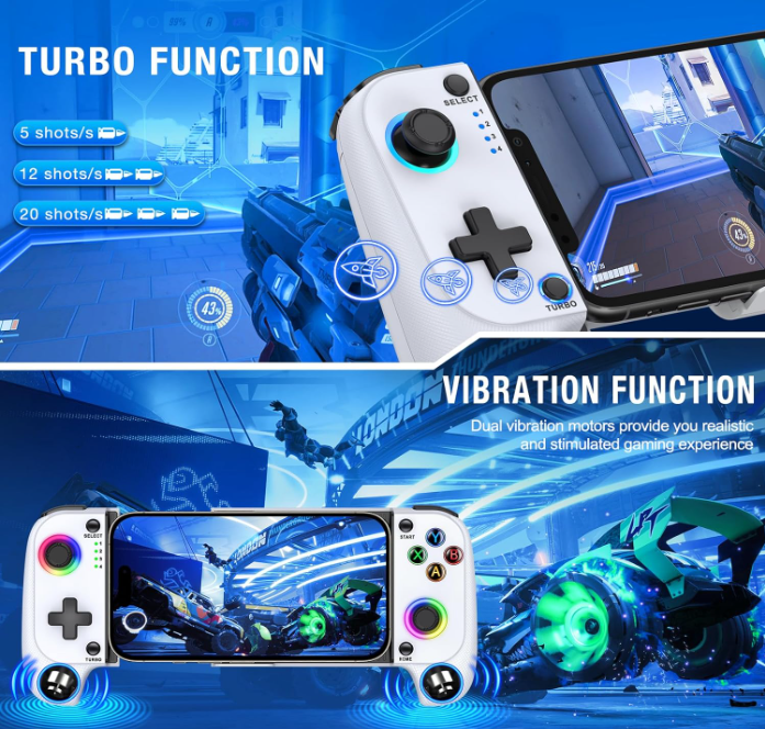 Belro wireless gaming controller for iPhone and Android smartphones, featuring ergonomic design and responsive buttons for mobile gaming.