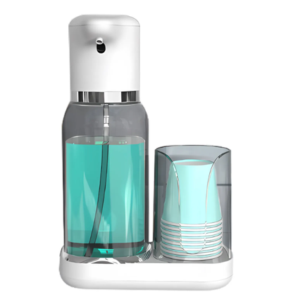 Belro automatic mouthwash dispenser with infrared sensor, 25oz capacity, two-level adjustment, USB-C charging, for oral care.