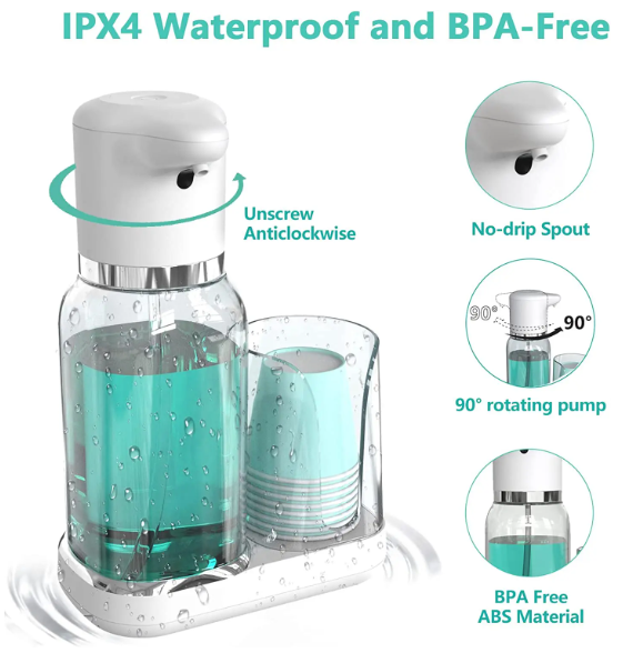 Belro automatic mouthwash dispenser with cup, countertop oral care device for easy and hygienic mouth rinsing.