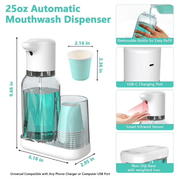 Belro automatic mouthwash dispenser with cup for easy oral care, sleek white design in a health and beauty setting.