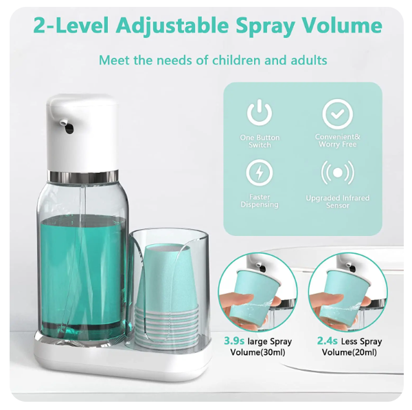 Automatic mouthwash dispenser by Belro with a cup, designed for easy, hygienic oral care in a health and beauty setting.