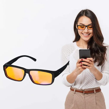 Belro gaming glasses with black frames, blue light blocking lenses for computer screen protection and anti-radiation UV defense.