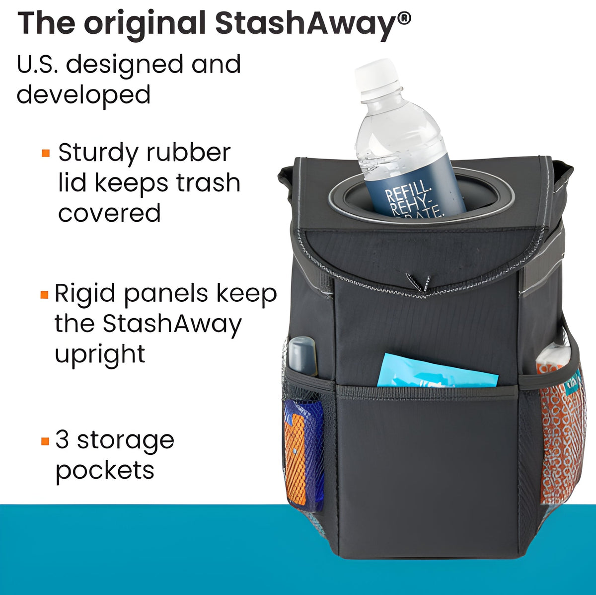 Belro automotive car trash can with lid and strap, designed to organize and keep the vehicle interior tidy.