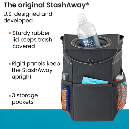 Belro automotive car trash can with lid and strap, designed to organize and keep the vehicle interior tidy.