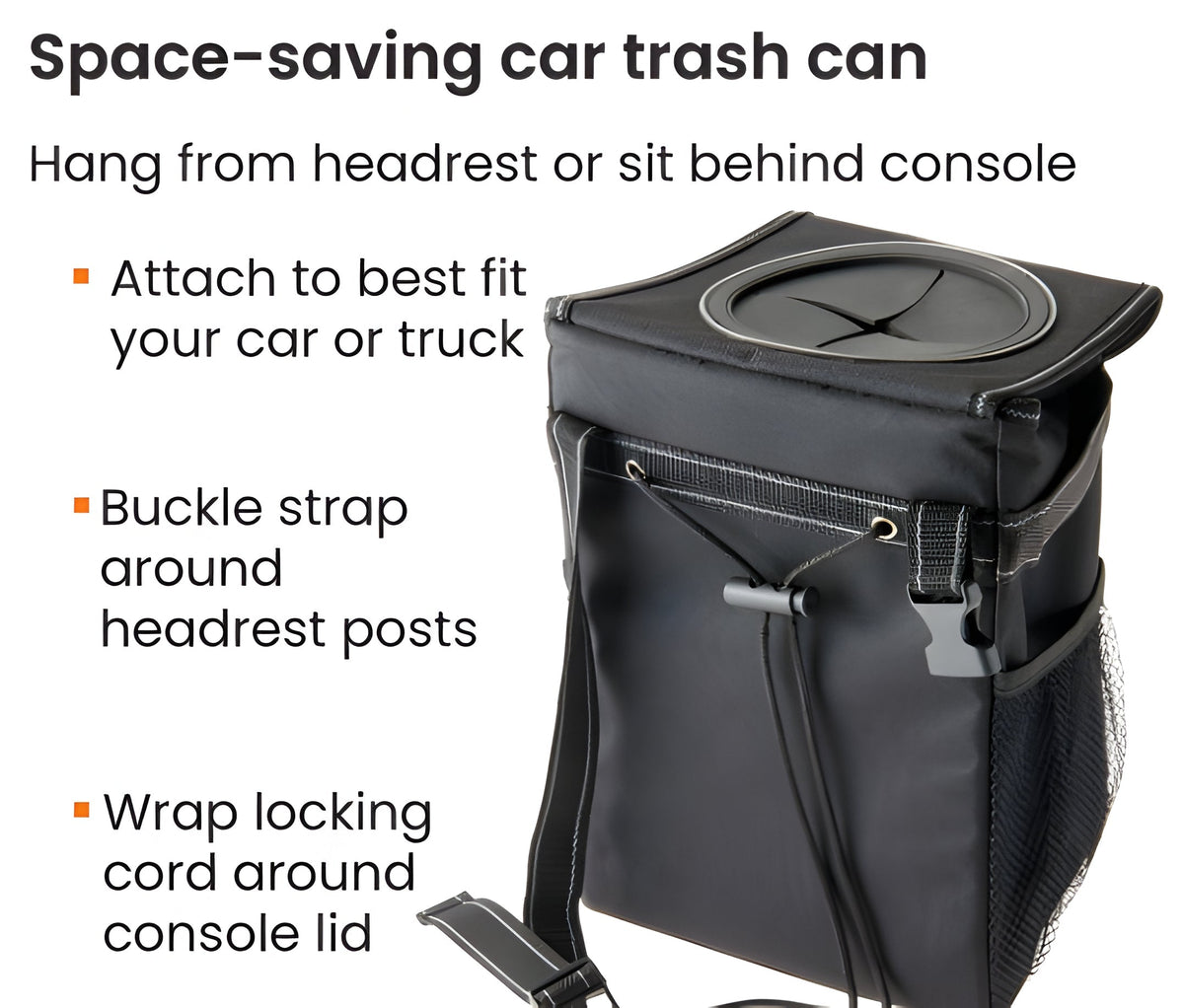 Belro automotive car trash can with lid and strap for organizing interior space inside a vehicle.