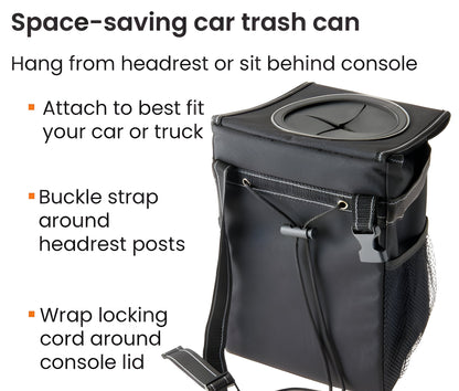 Belro automotive car trash can with lid and strap for organizing interior space inside a vehicle.