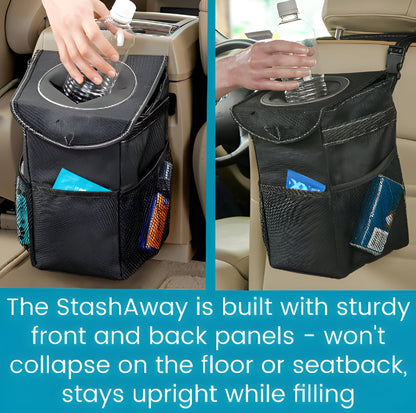 Belro automotive car trash can with lid and storage compartment, designed for vehicle interior organization and cleanliness.