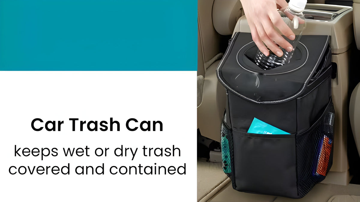 Belro automotive car trash can attached to car interior for organized waste management and clean vehicle interior.