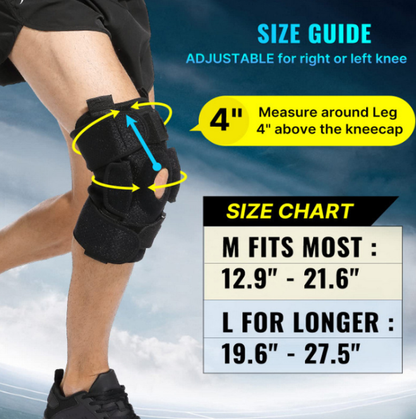 Belro adjustable hinged knee brace designed for meniscus tear support, featuring straps and flexible hinges for stability and comfort.