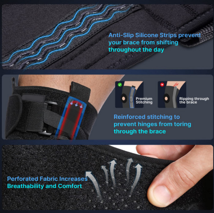 Belro adjustable hinged knee brace designed for meniscus tear support, featuring sturdy straps and hinge mechanism for stability.