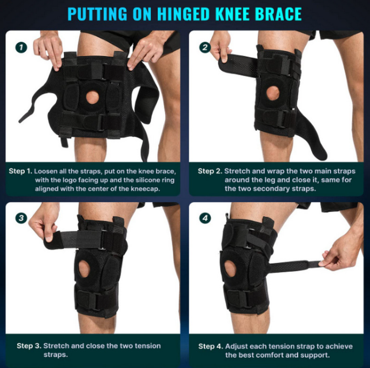 Belro adjustable hinged knee brace for meniscus tear, showing the supportive straps and hinge mechanism on a white background.