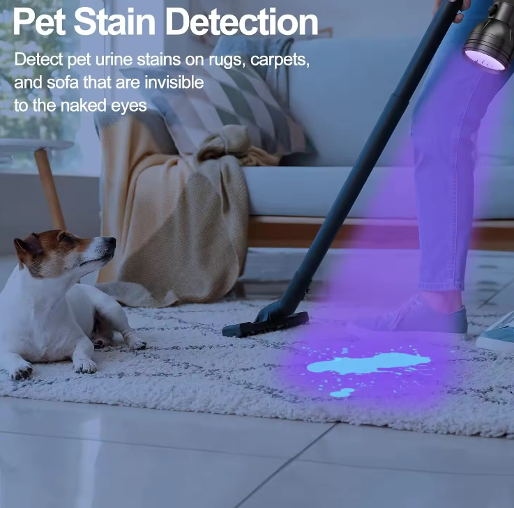 Belro UV flashlight with 51 LED ultraviolet light for detecting pet urine and stains on clothing and fabrics.