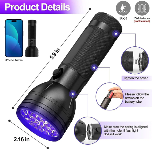 Belro UV flashlight black light for men, detects pet stains, bed bugs, scorpions, with 51 LED UV light for clothing and outdoor use.