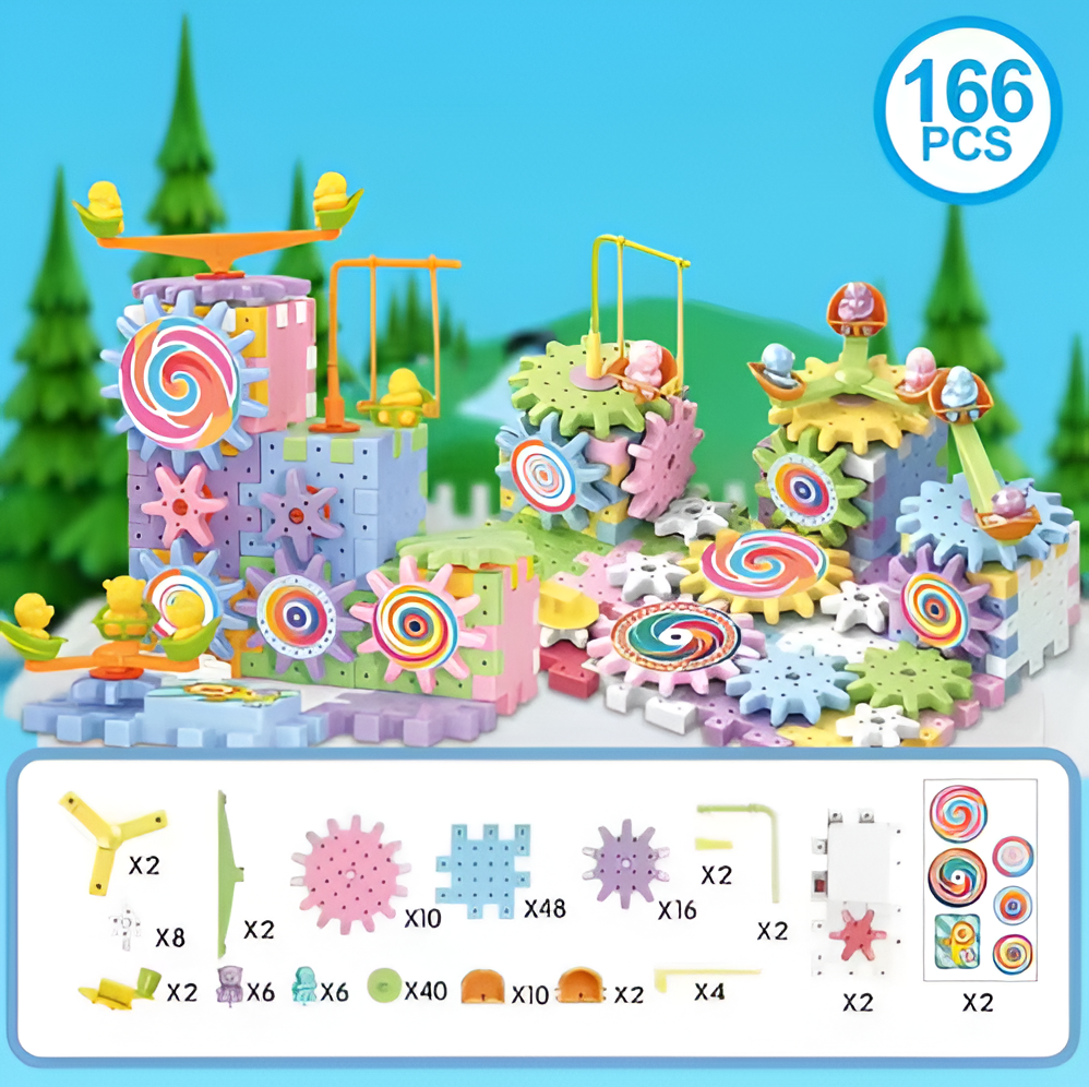 Colorful Gear Toys by Belro, fun mechanical toys for kids, featuring interlocking gears and bright plastic parts.