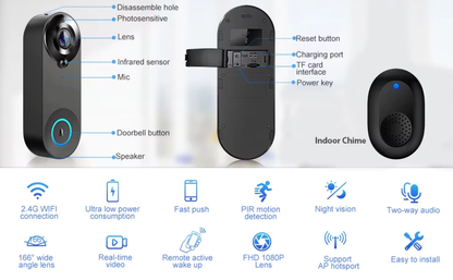 Wireless Wi-Fi Video Doorbell by Belro with camera and motion sensor for smart home security, shown installed on a front door.