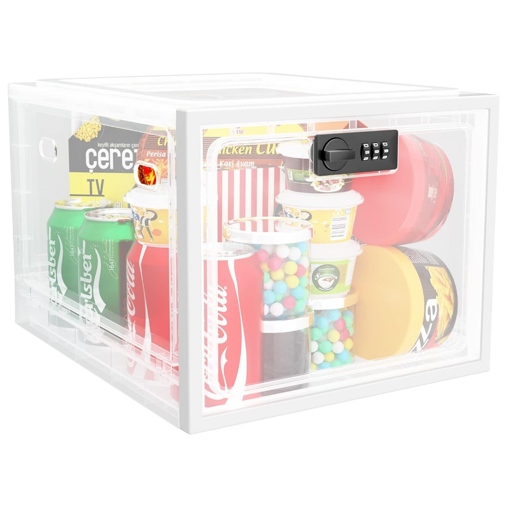 Belro heavy-duty lockable refrigerator food storage bin for organized kitchen and food safety.