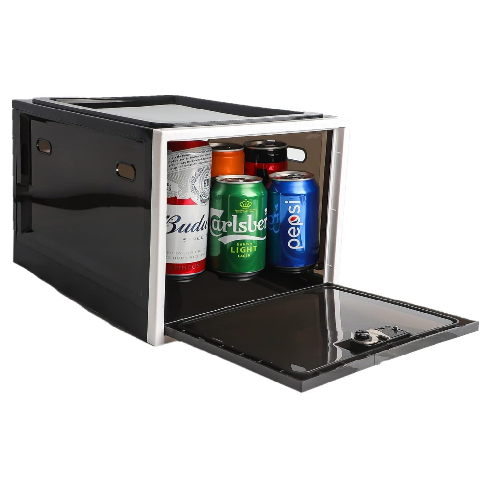 Heavy duty Belro lockable refrigerator storage bin for organizing food, made of durable plastic with a secure latch.