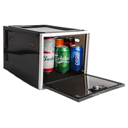 Heavy duty Belro lockable refrigerator storage bin for organizing food, made of durable plastic with a secure latch.