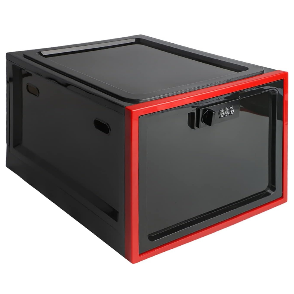 Belro heavy-duty lockable refrigerator food storage bin with clear plastic body and secure lid for organized kitchen storage