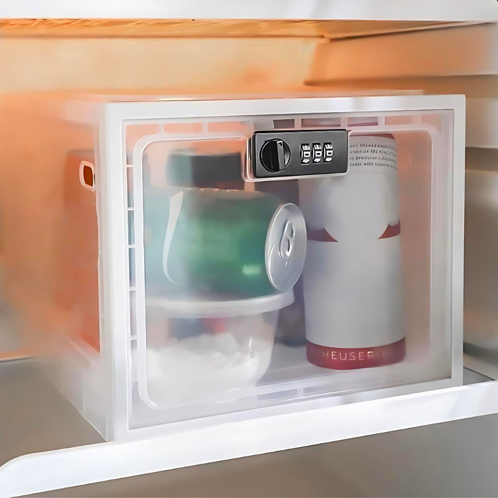 Belro heavy-duty lockable refrigerator food storage bin with transparent body and secure latch for organized kitchen storage.