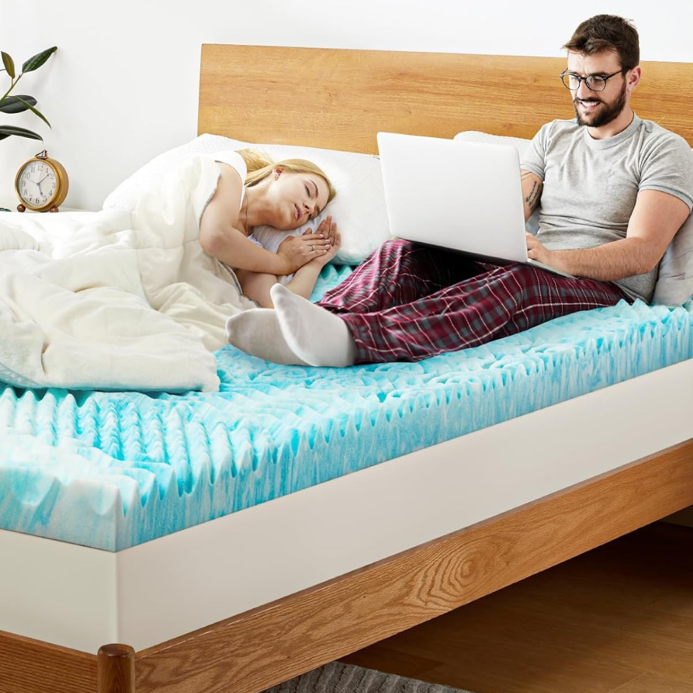 Belro premium cooling egg crate foam mattress topper on a bed, showcasing its textured surface for added comfort and airflow.