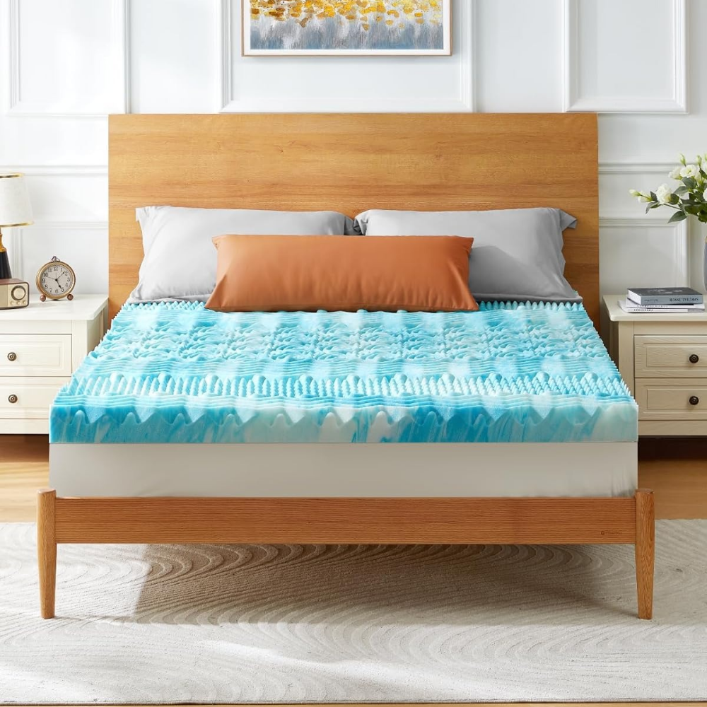 Belro premium cooling egg crate foam mattress topper on bed, soft and supportive for comfortable sleep.