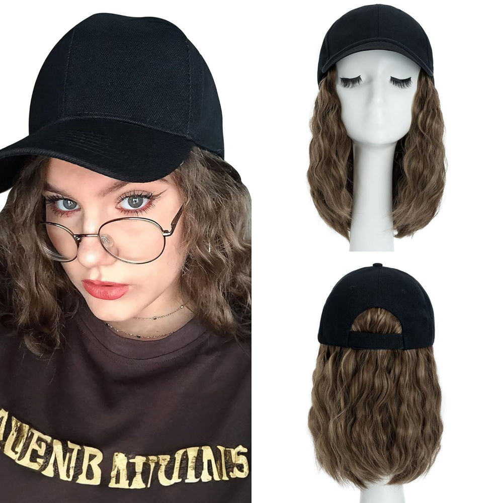 Belro heat resistant synthetic wavy wig extension attached to a baseball cap, styled for casual hair accessory looks