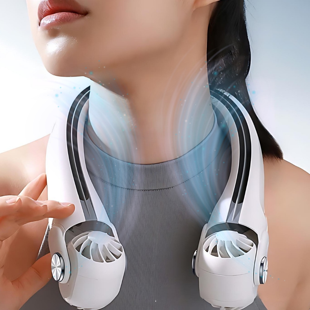 Belro wearable rechargeable summer travel neck cooling fan, lightweight outdoor personal fan with adjustable settings.