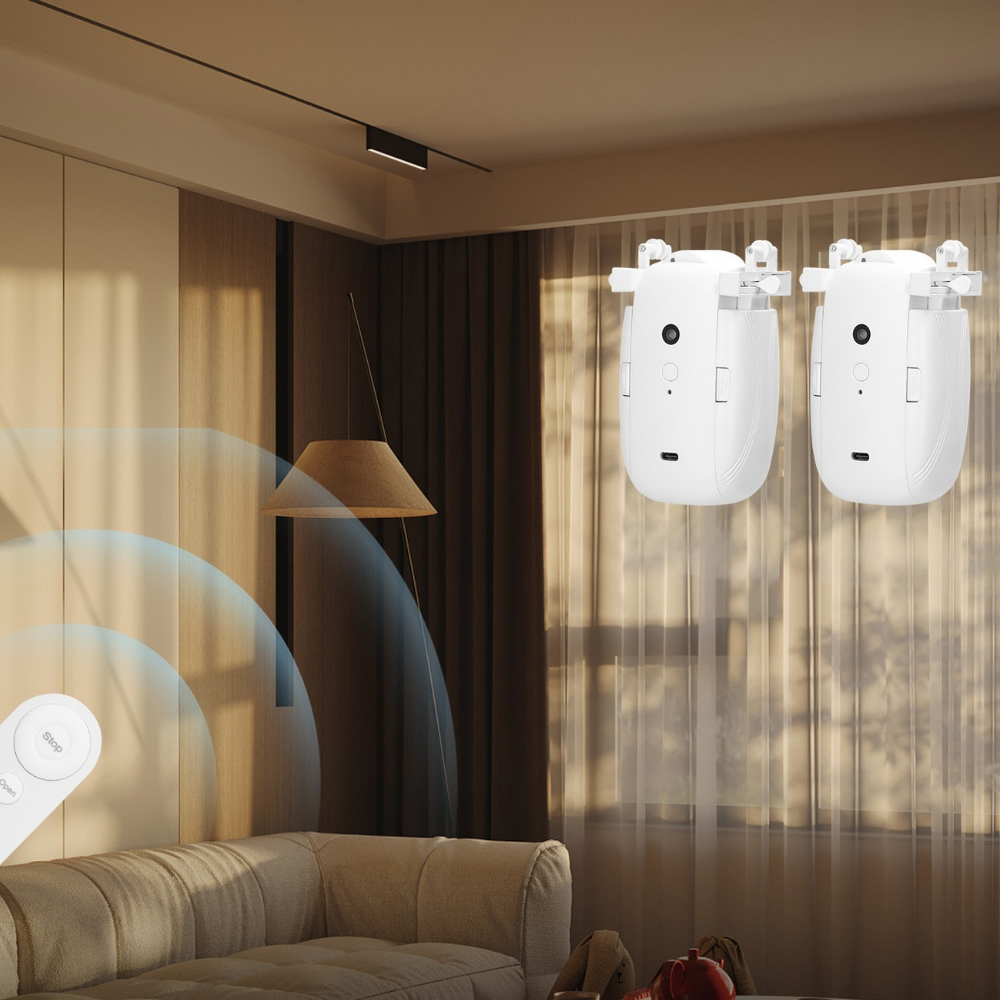 Belro automatic robot curtain opener with remote control, compact electronic device for hands-free window curtain operation.