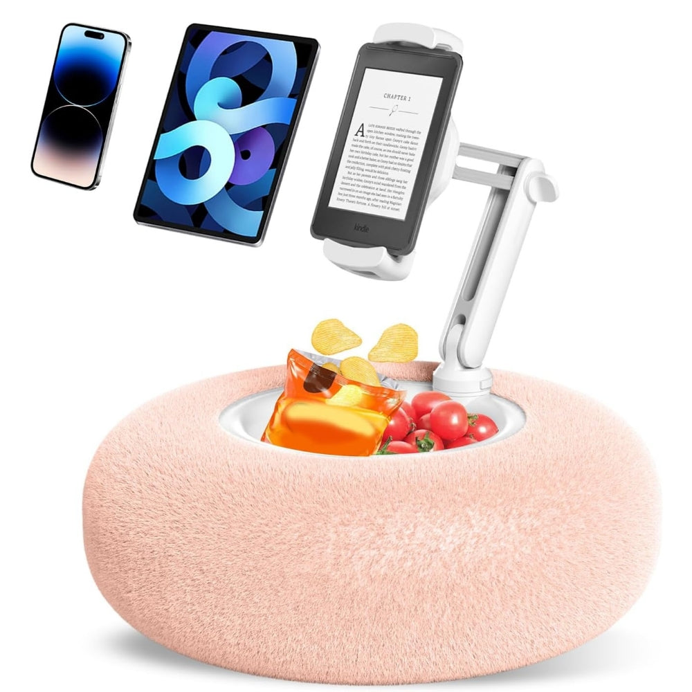 Belro fuzzy pillow phone holder with snack bowl, soft fabric design, holding a smartphone with snacks on top.